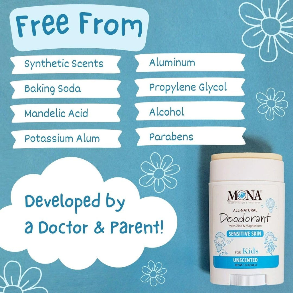 MONA Unscented Natural Deodorant for Kids & Teens – Aluminum & Baking Soda Free, 2-Pack