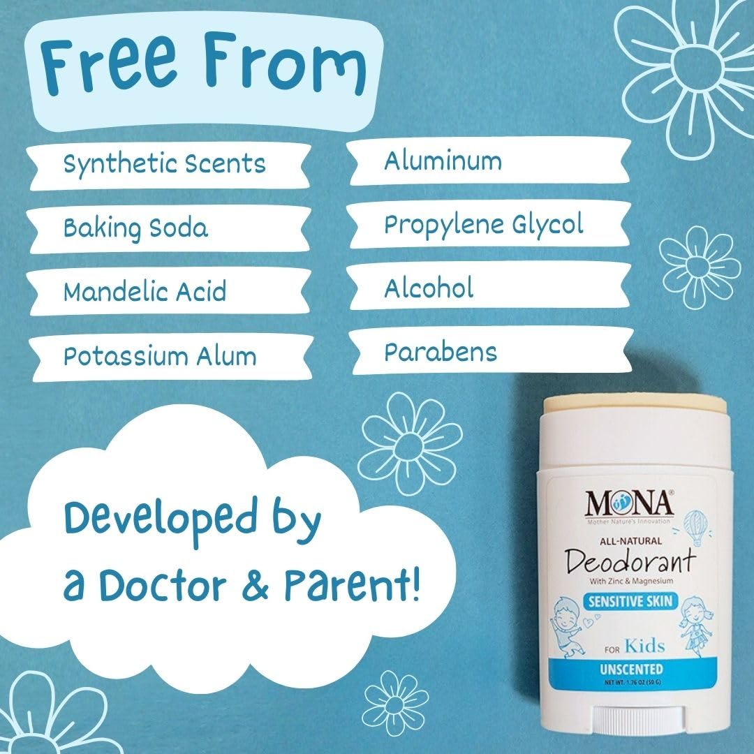 MONA Unscented Natural Deodorant for Kids & Teens – Aluminum & Baking Soda Free, 2-Pack