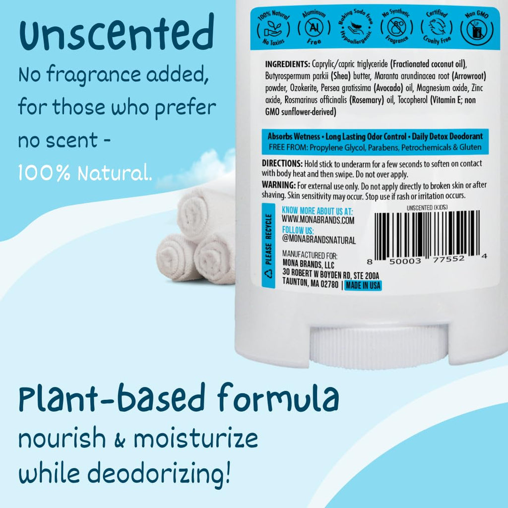 MONA Unscented Natural Deodorant for Kids & Teens – Aluminum & Baking Soda Free, 2-Pack