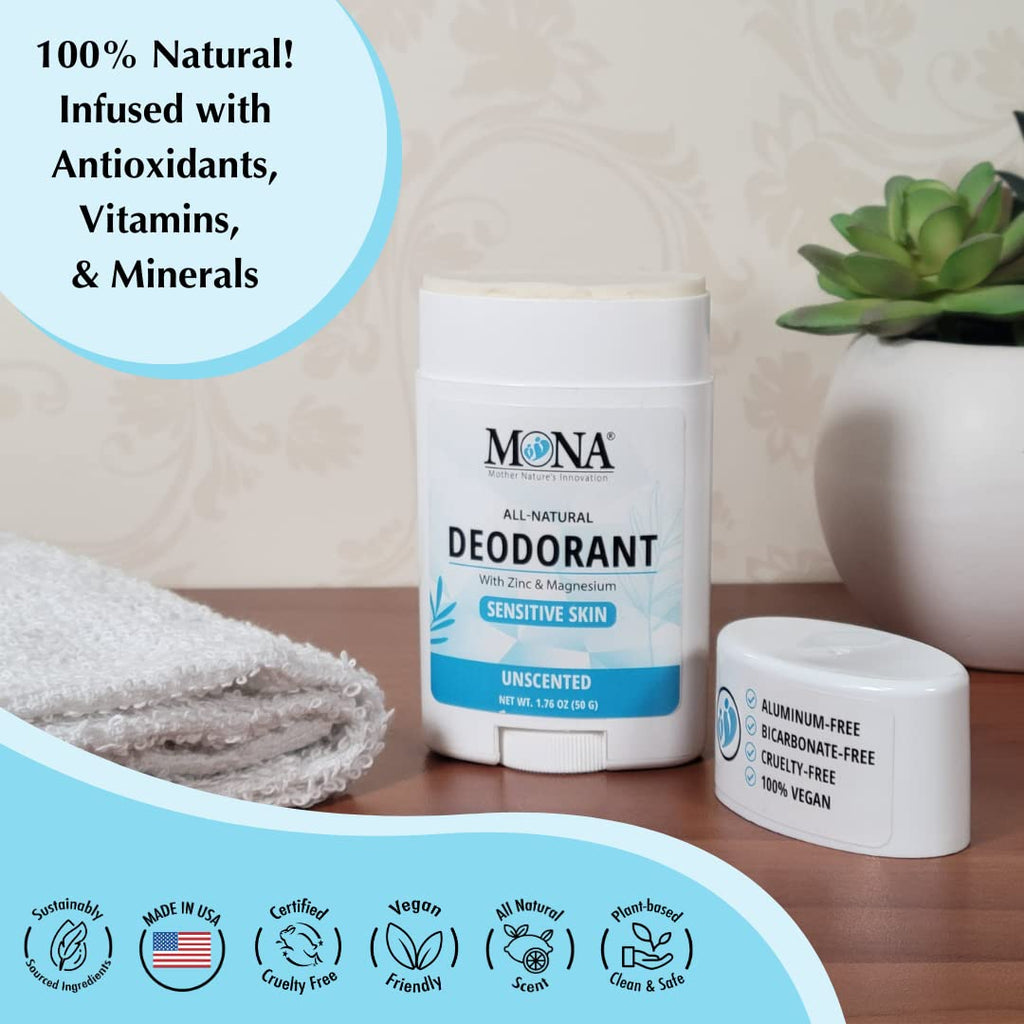 MONA All Natural Deodorant for Women & Men - Sensitive Skin, No Aluminum or Baking Soda (Unscented 1.76 oz)