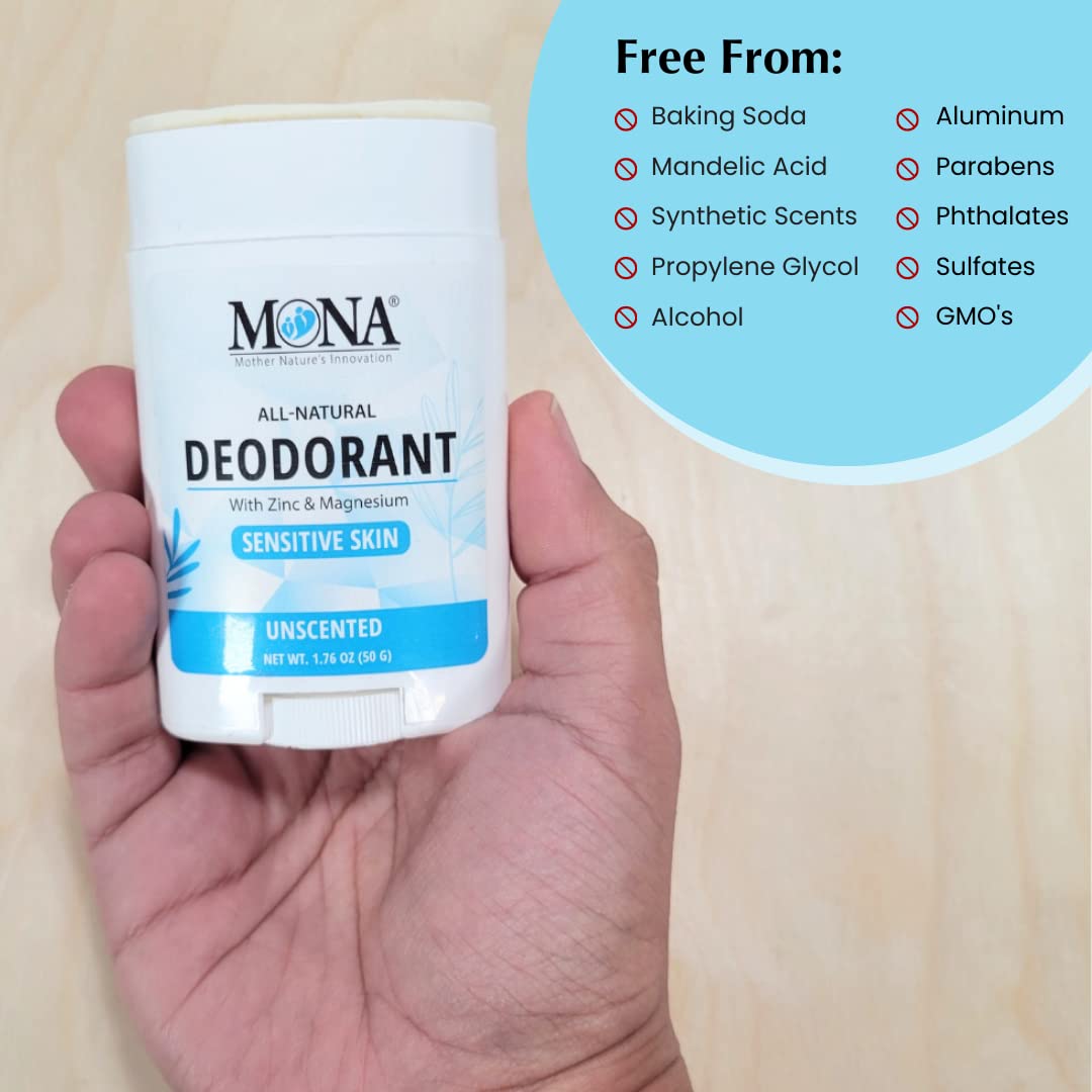 MONA All Natural Deodorant for Women & Men - Sensitive Skin, No Aluminum or Baking Soda (Unscented 1.76 oz)