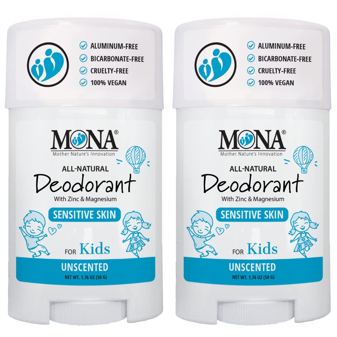 MONA Unscented Natural Deodorant for Kids & Teens – Aluminum & Baking Soda Free, 2-Pack