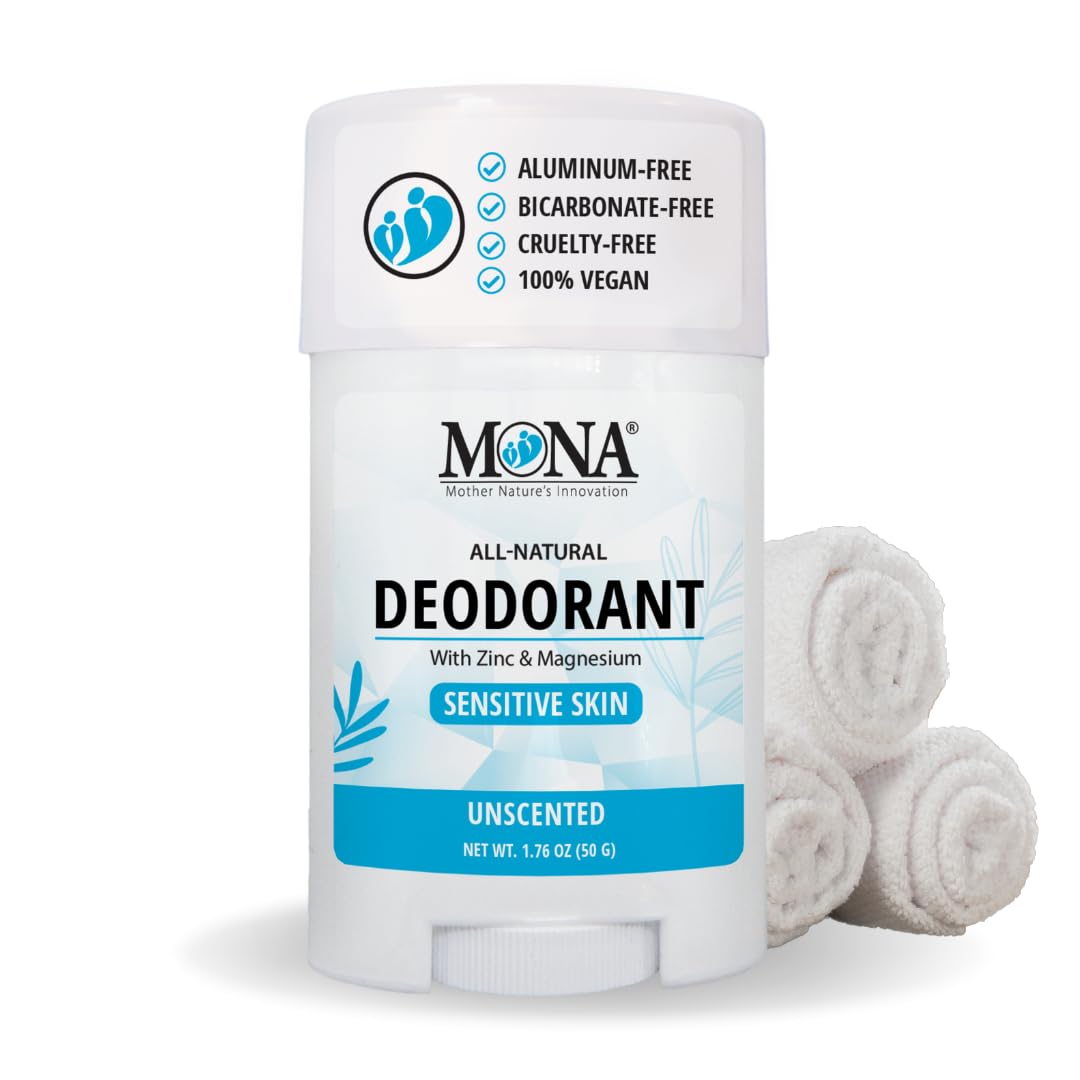 MONA All Natural Deodorant for Women & Men - Sensitive Skin, No Aluminum or Baking Soda (Unscented 1.76 oz)