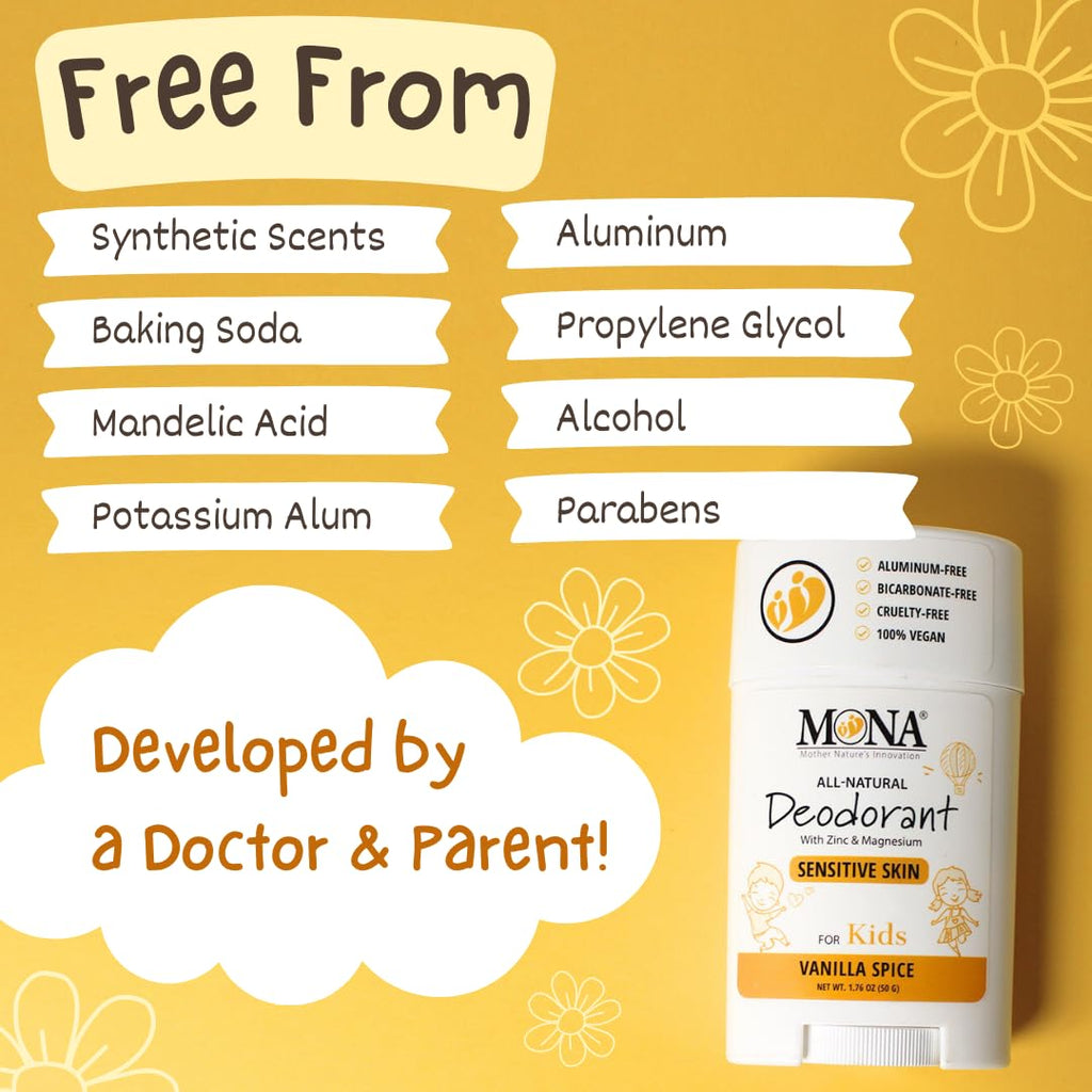 MONA Vanilla Spice Natural Deodorant for Kids – Aluminum-Free, Hypoallergenic, Vegan (1.76 oz)