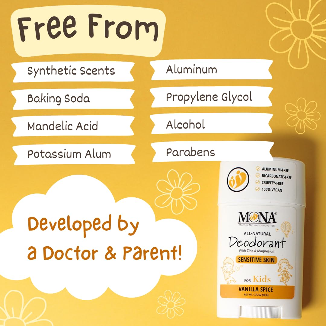 MONA Vanilla Spice Natural Deodorant for Kids – Aluminum-Free, Hypoallergenic, Vegan (1.76 oz)