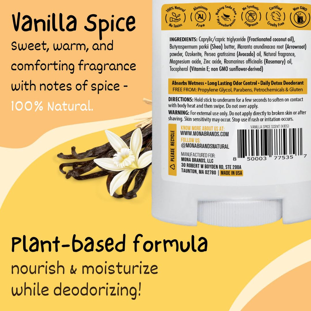 MONA Vanilla Spice Natural Deodorant for Kids – Aluminum-Free, Hypoallergenic, Vegan (1.76 oz)