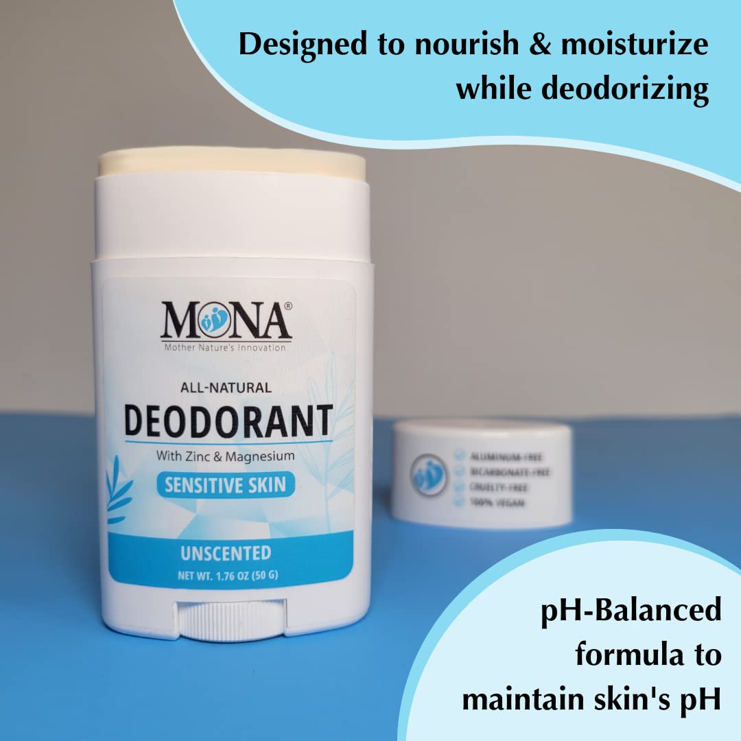 MONA All Natural Deodorant for Women & Men - Sensitive Skin, No Aluminum or Baking Soda (Unscented 1.76 oz)
