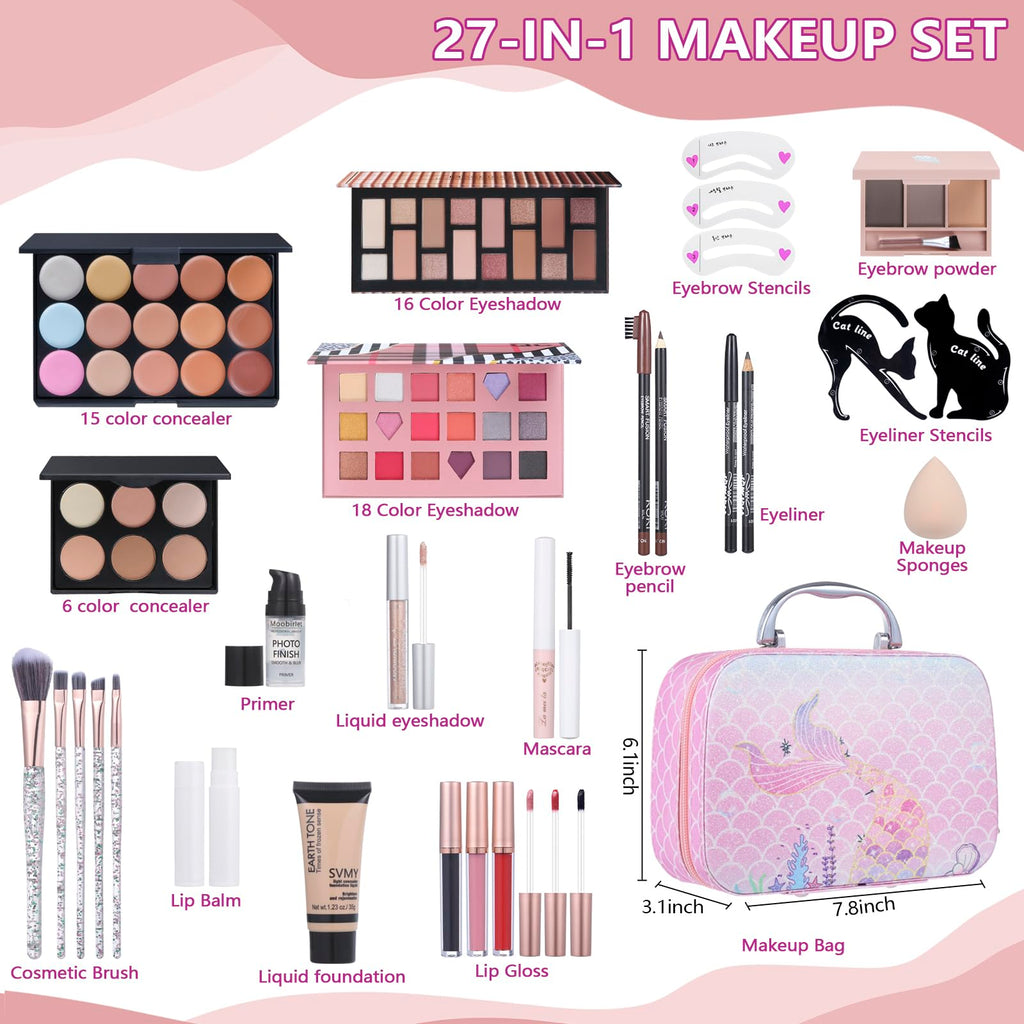 Moobirlet 27-in-1 Makeup Kit for Teens – Eyeshadow Palettes, Foundation, Concealer & Brushes
