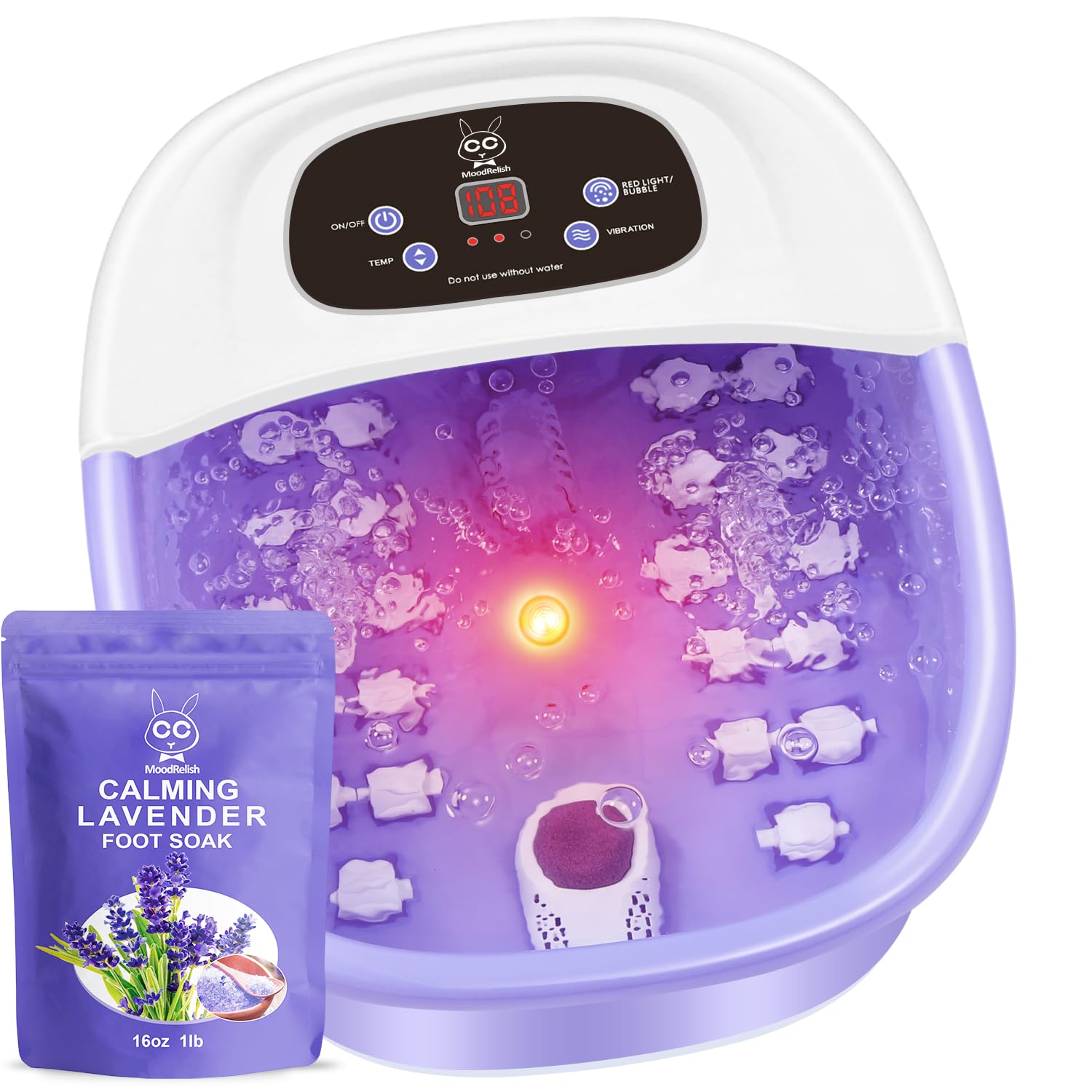 MoodRelish Foot Spa Bath Massager with Heat, Bubbles, Infrared Light & Lavender Soak – 16 oz, 22 Rollers, Purple