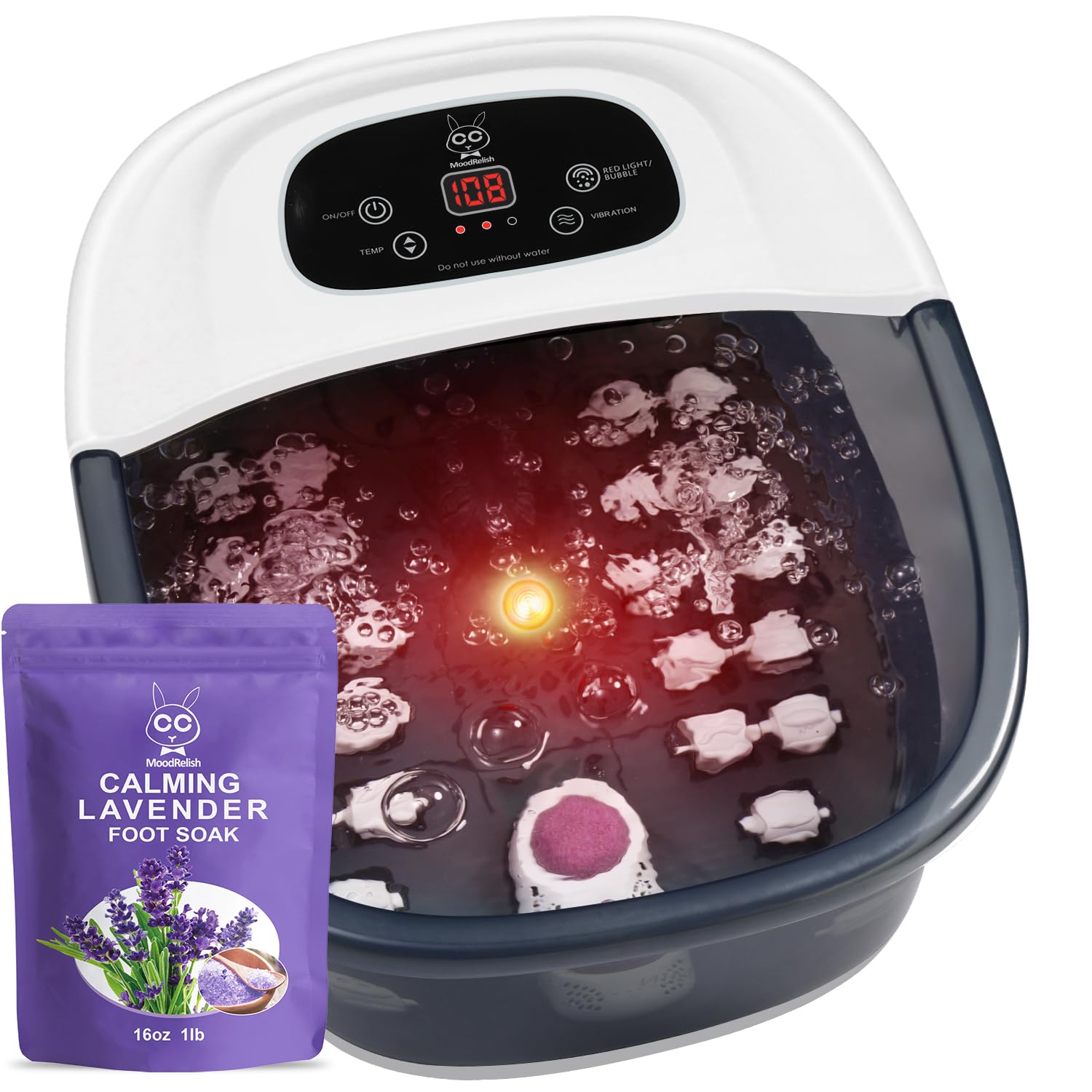 MoodRelish Foot Spa Bath Massager with Heat, Bubbles & Jets | Lavender Epsom Salt Soak 16 oz, Infrared Light, 22 Rollers, Adjustable Temp – Grey