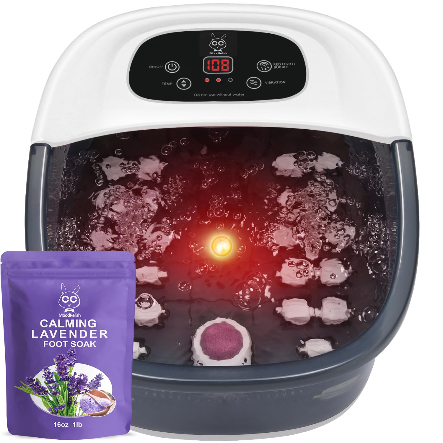 MoodRelish Foot Spa Bath Massager with Heat, Bubbles & Jets | Lavender Epsom Salt Soak 16 oz, Infrared Light, 22 Rollers, Adjustable Temp – Grey