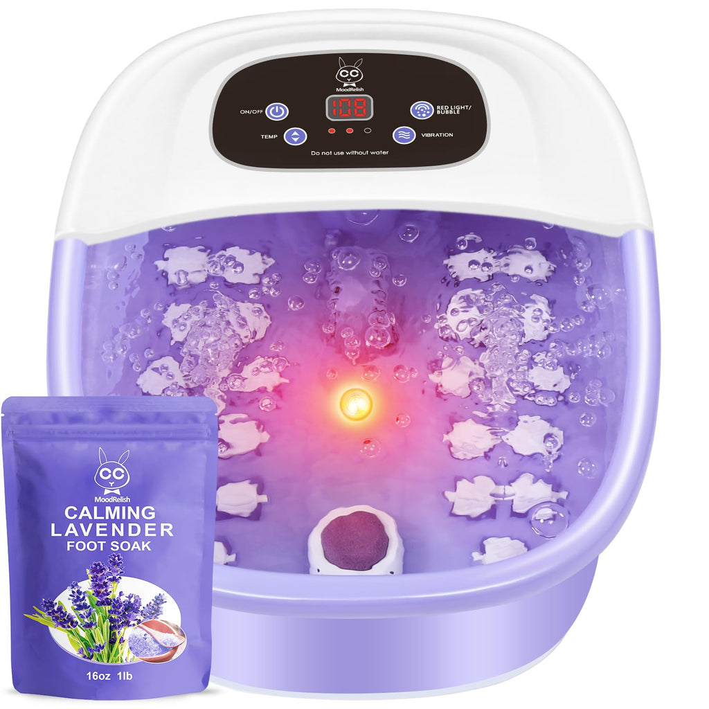 MoodRelish Foot Spa Bath Massager with Heat, Bubbles, Infrared Light & Lavender Soak – 16 oz, 22 Rollers, Purple