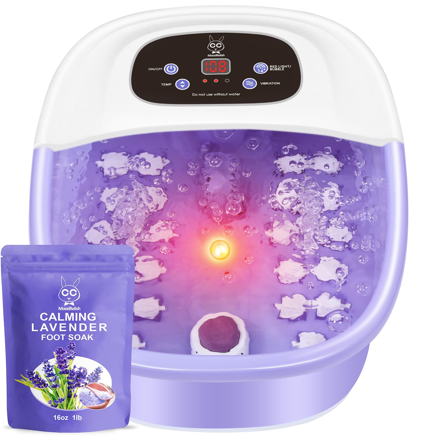 MoodRelish Foot Spa Bath Massager with Heat, Bubbles, Infrared Light & Lavender Soak – 16 oz, 22 Rollers, Purple