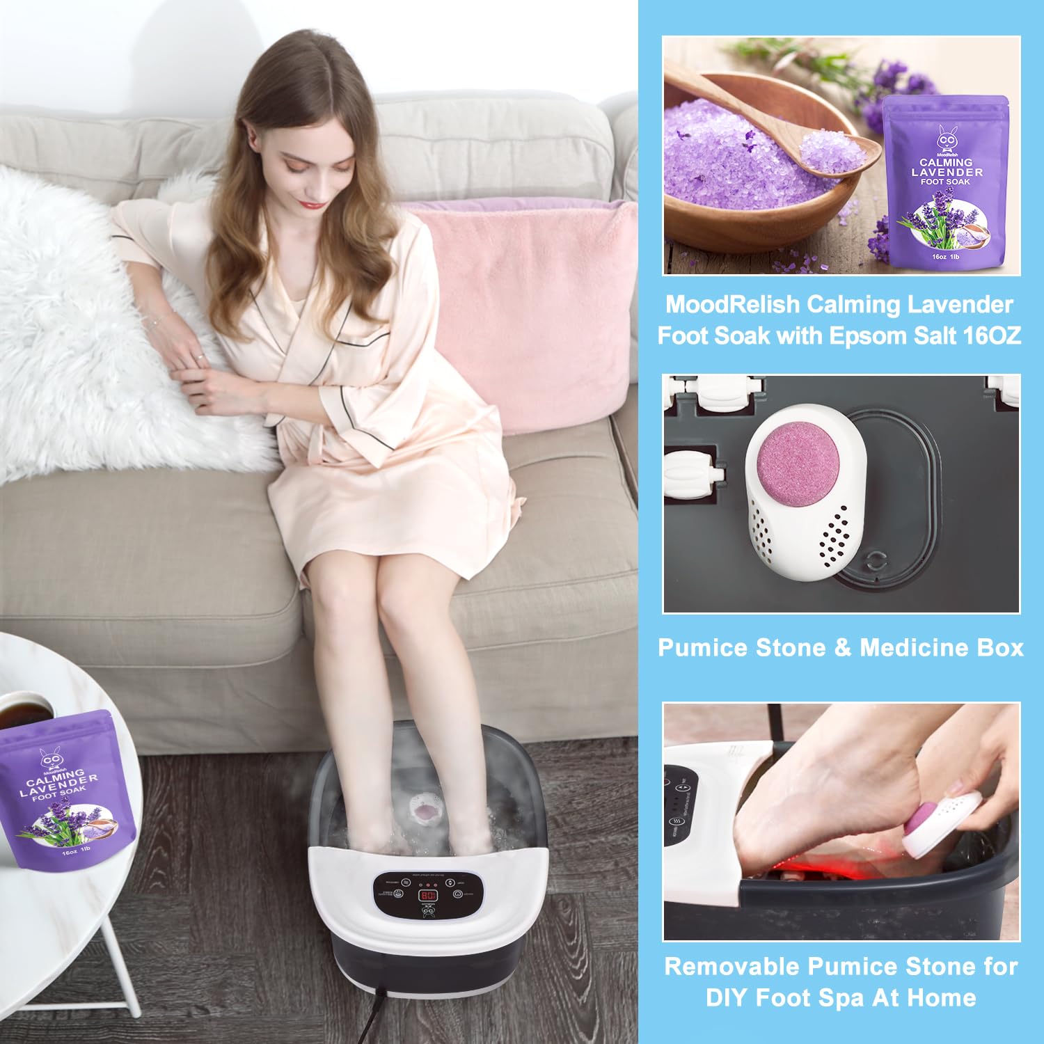 MoodRelish Foot Spa Bath Massager with Heat, Bubbles & Jets | Lavender Epsom Salt Soak 16 oz, Infrared Light, 22 Rollers, Adjustable Temp – Grey