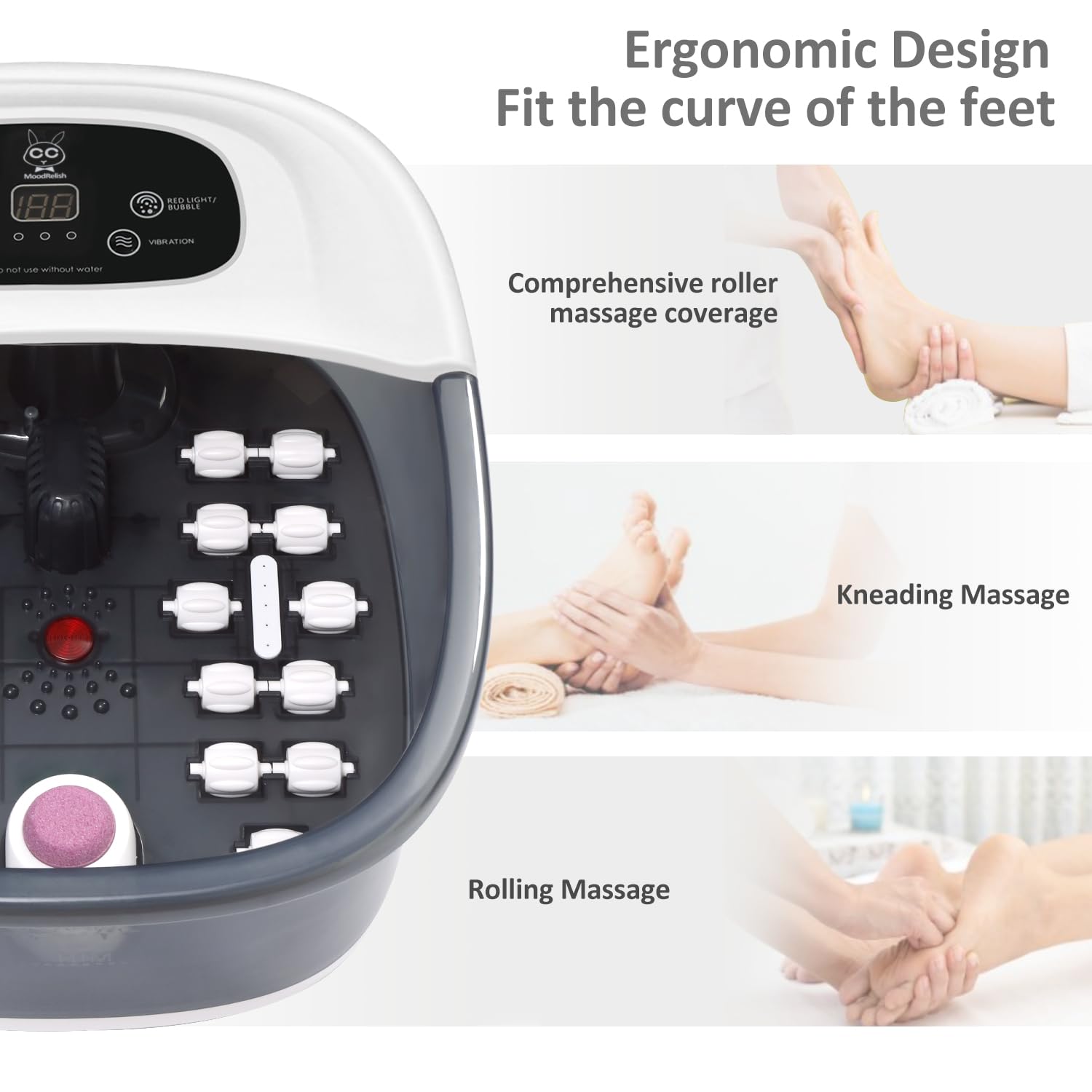 MoodRelish Foot Spa Bath Massager with Heat, Bubbles & Jets | Lavender Epsom Salt Soak 16 oz, Infrared Light, 22 Rollers, Adjustable Temp – Grey