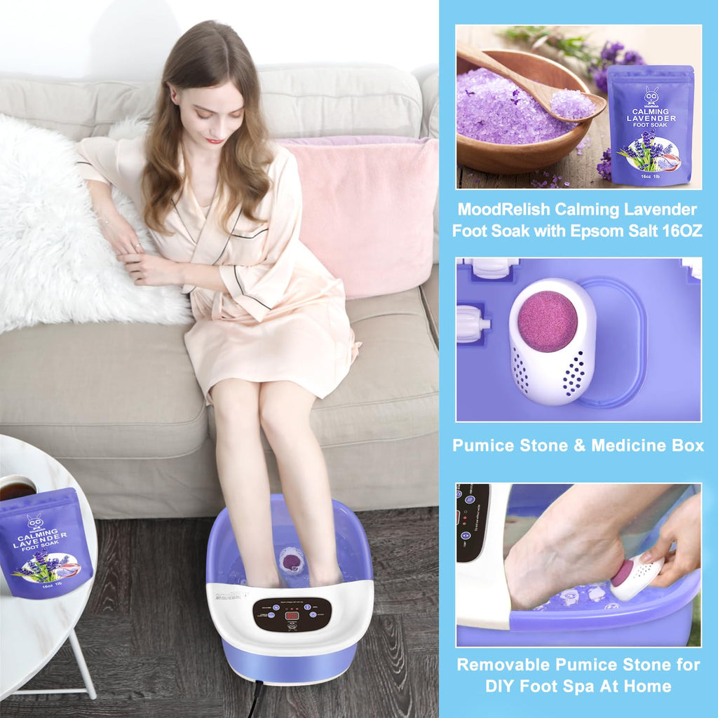 MoodRelish Foot Spa Bath Massager with Heat, Bubbles, Infrared Light & Lavender Soak – 16 oz, 22 Rollers, Purple