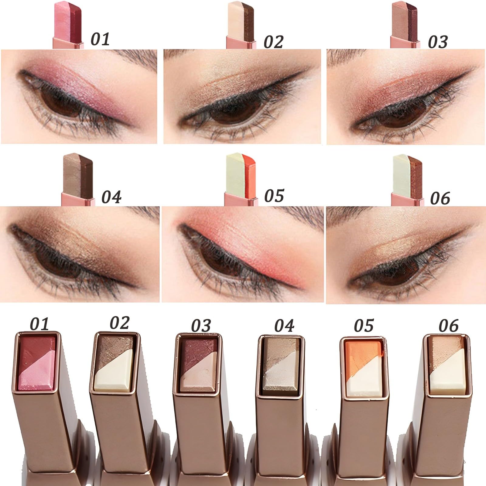 MooGlamor 6 Pcs Shimmery Eyeshadow Stick — Dual-Color Glitter Pencils, Waterproof & Retractable