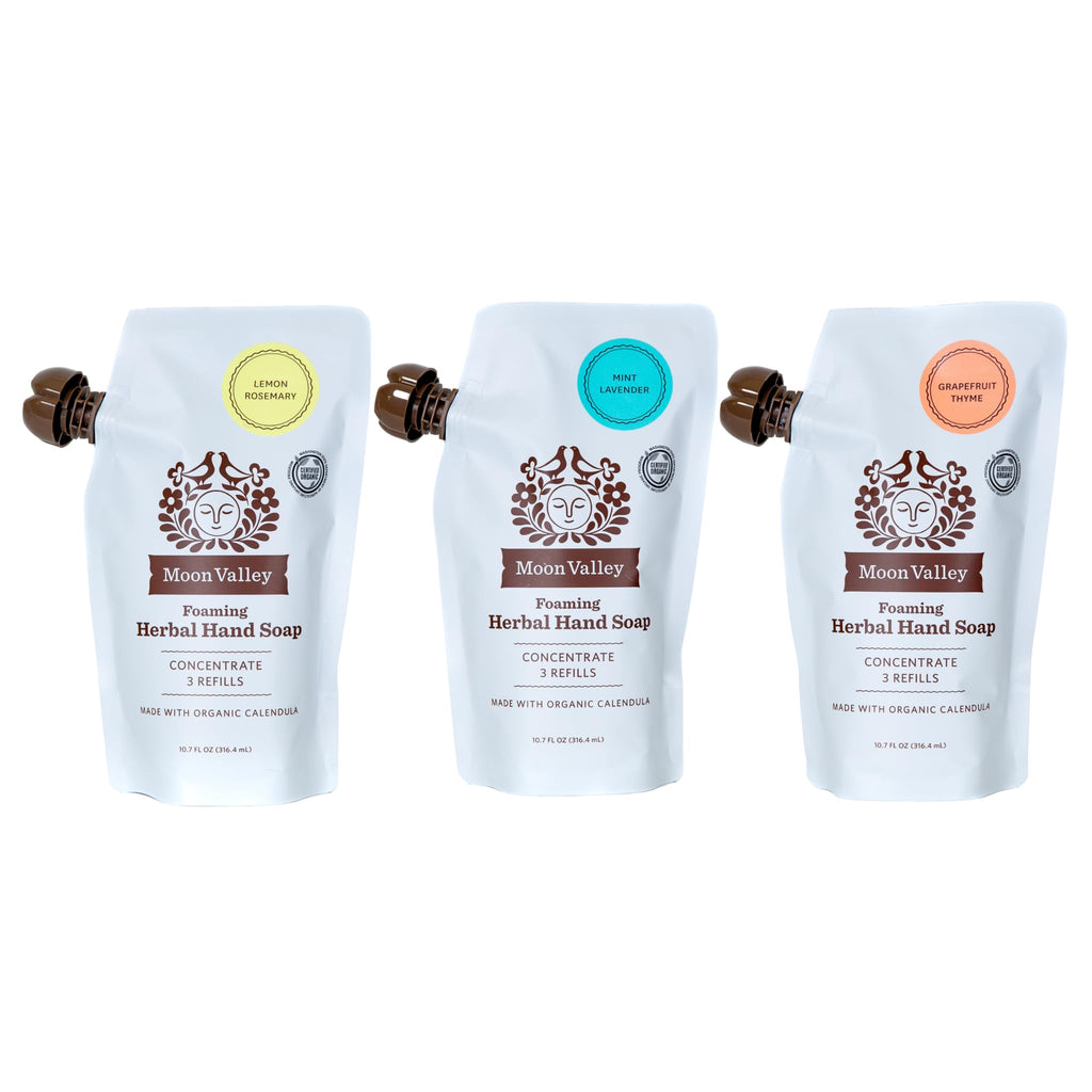 Moon Valley Foaming Hand Soap Refill Pouch Three-Pack — Lemon Rosemary, Mint Lavender, Grapefruit | Vegan & Non-GMO