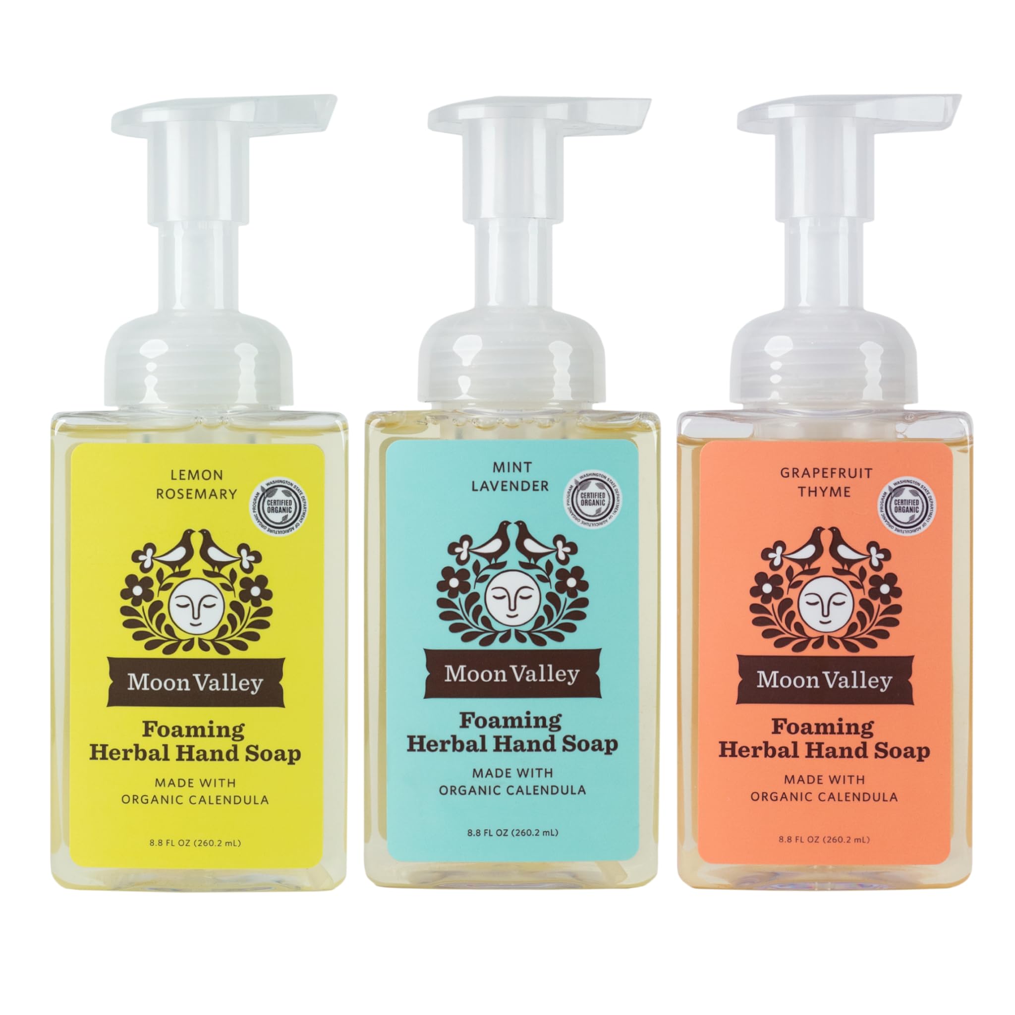 Moon Valley Organics Herbal Foaming Hand Soap Three Pack — Lemon Rosemary, Mint Lavender, Grapefruit Thyme | Vegan & Recyclable Bottles