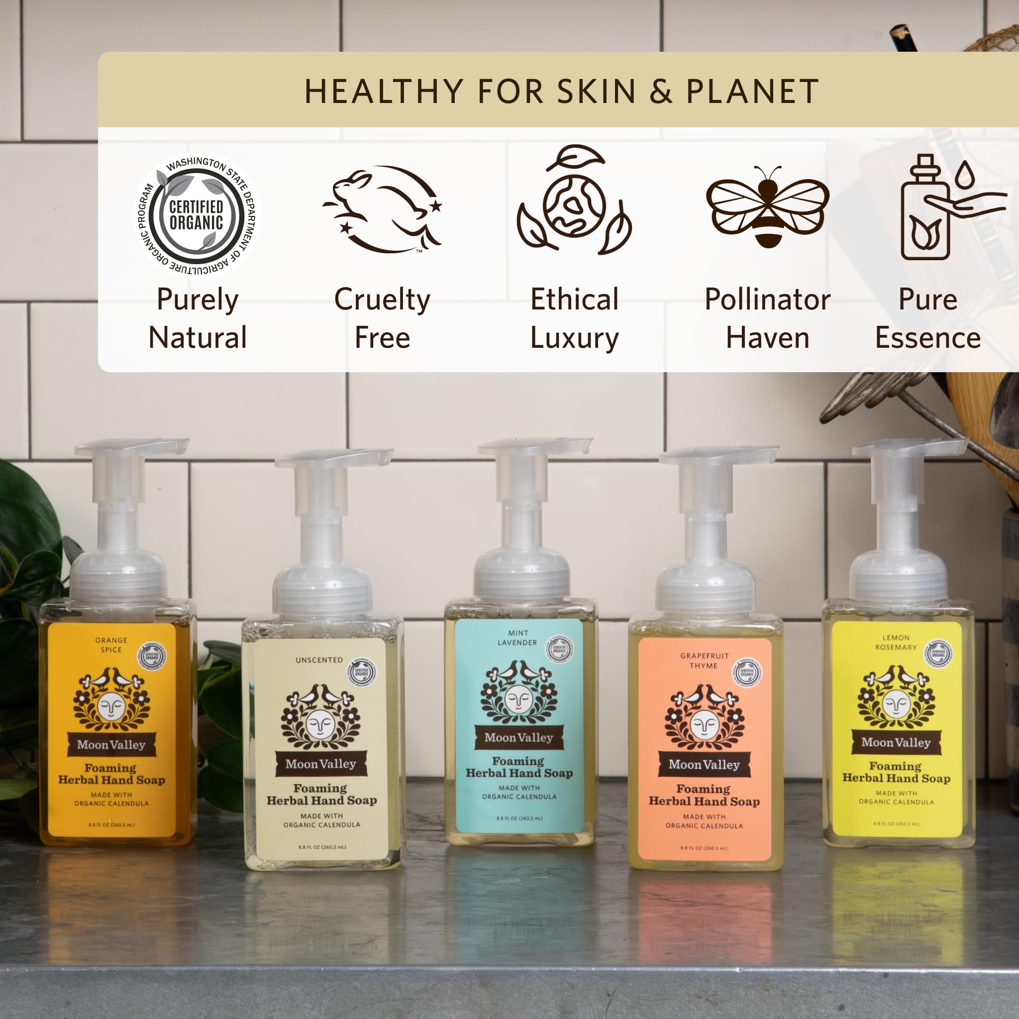 Moon Valley Organics Herbal Foaming Hand Soap Three Pack — Lemon Rosemary, Mint Lavender, Grapefruit Thyme | Vegan & Recyclable Bottles