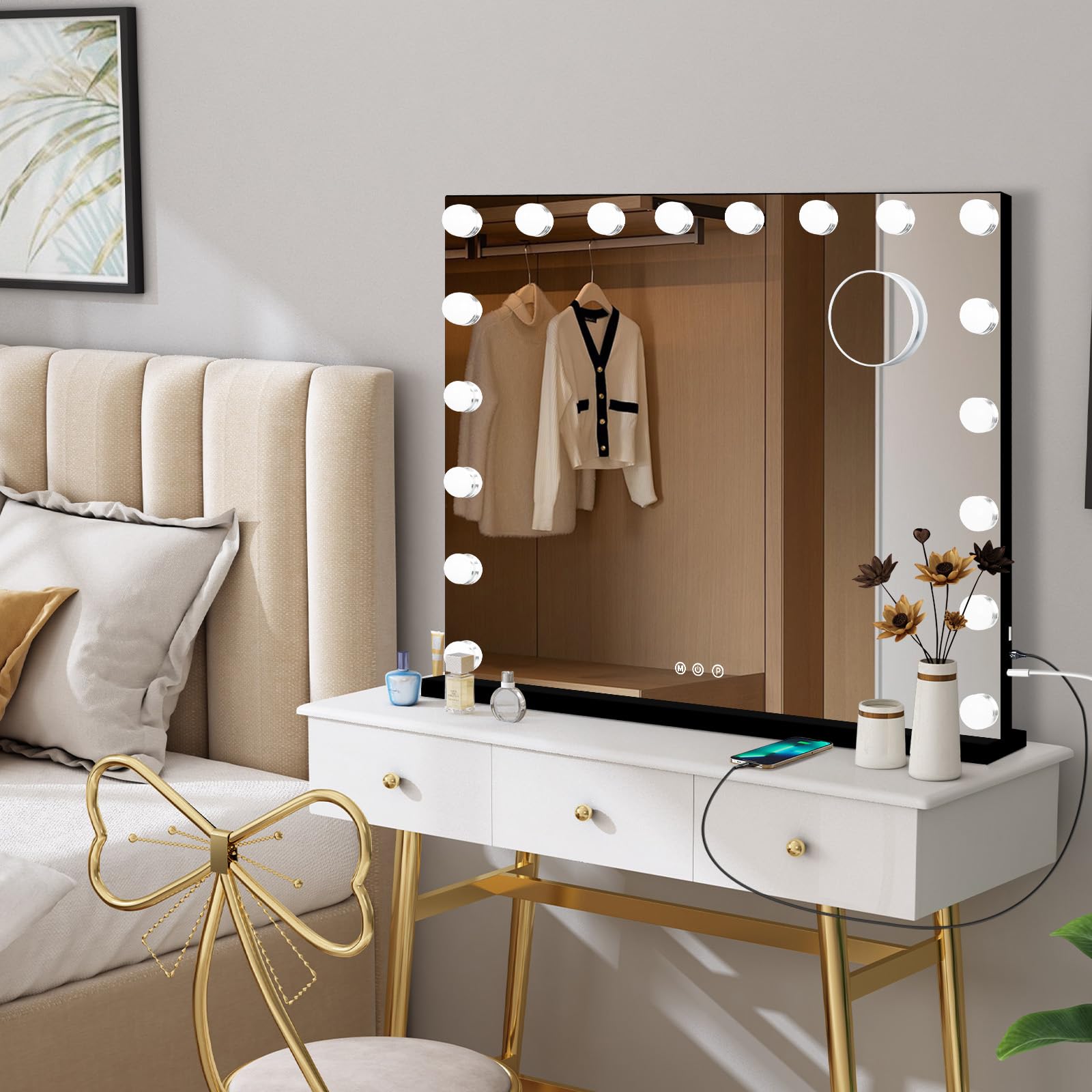 Moonee Black Vanity Mirror with Lights – 18 Dimmable Bulbs, 10X Magnifier, 3 Color Modes | Aluminum Frame (32x24)