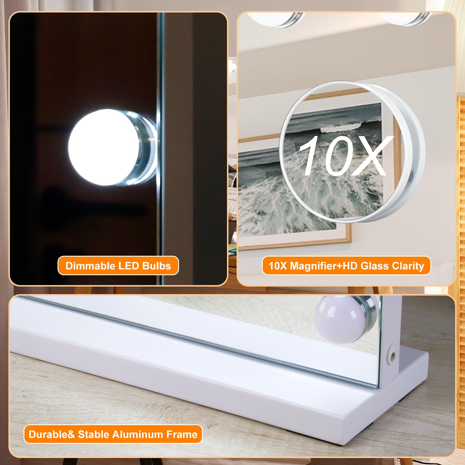 Moonee Vanity Mirror with Lights – 24 Dimmable Bulbs, 10X Magnification, 3 Color Modes, Aluminum Frame, 48" x 30"