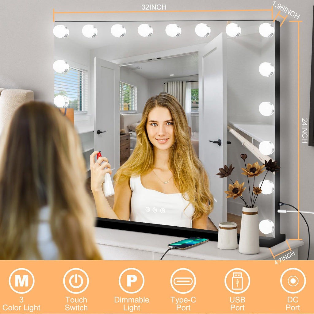 Moonee Black Vanity Mirror with Lights – 18 Dimmable Bulbs, 10X Magnifier, 3 Color Modes | Aluminum Frame (32x24)