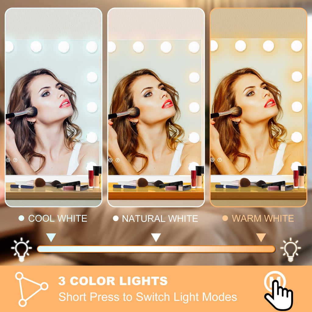 Moonee Vanity Mirror with Lights – 24 Dimmable Bulbs, 10X Magnification, 3 Color Modes, Aluminum Frame, 48" x 30"