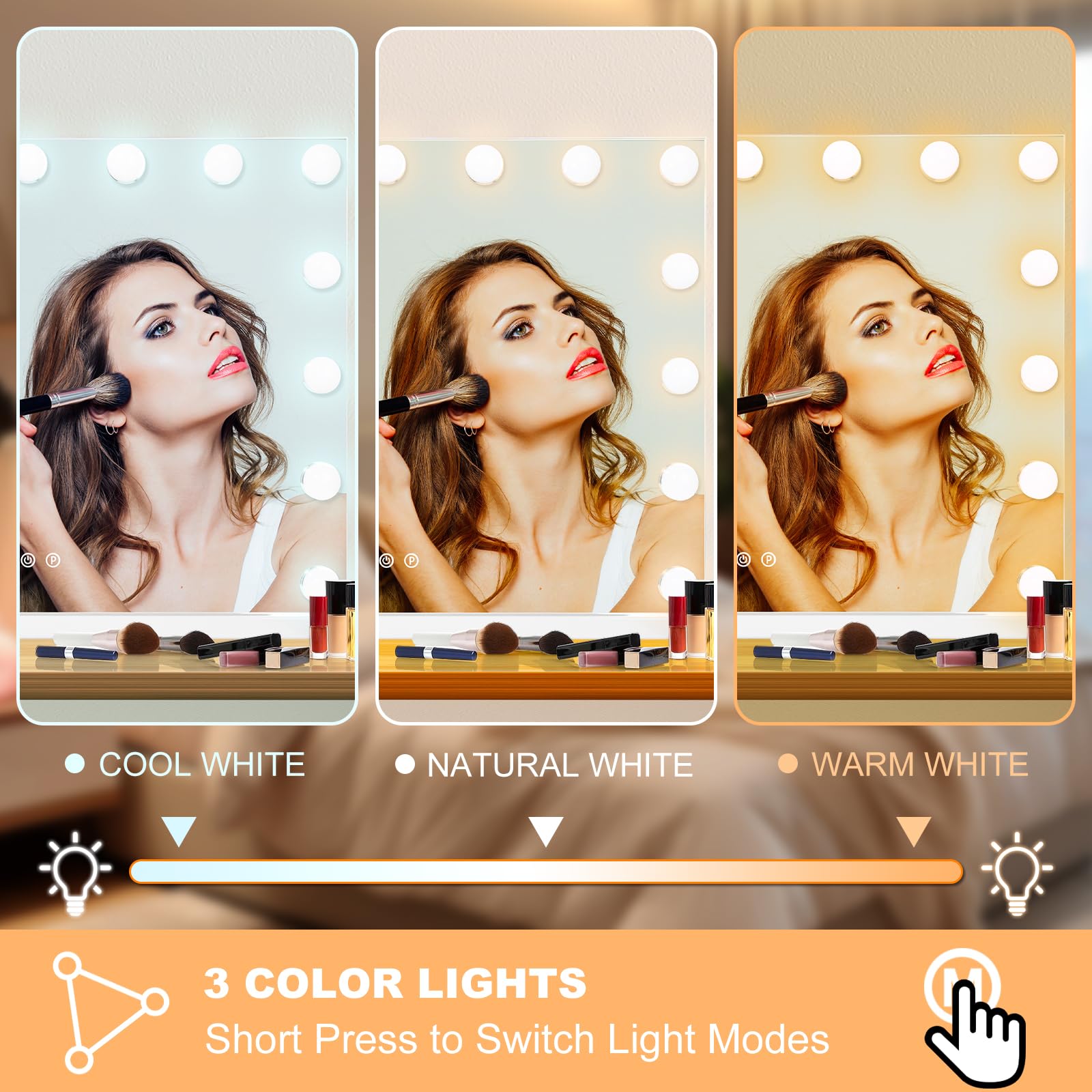 Moonee Vanity Mirror with Lights – 24 Dimmable Bulbs, 10X Magnification, 3 Color Modes, Aluminum Frame, 48" x 30"