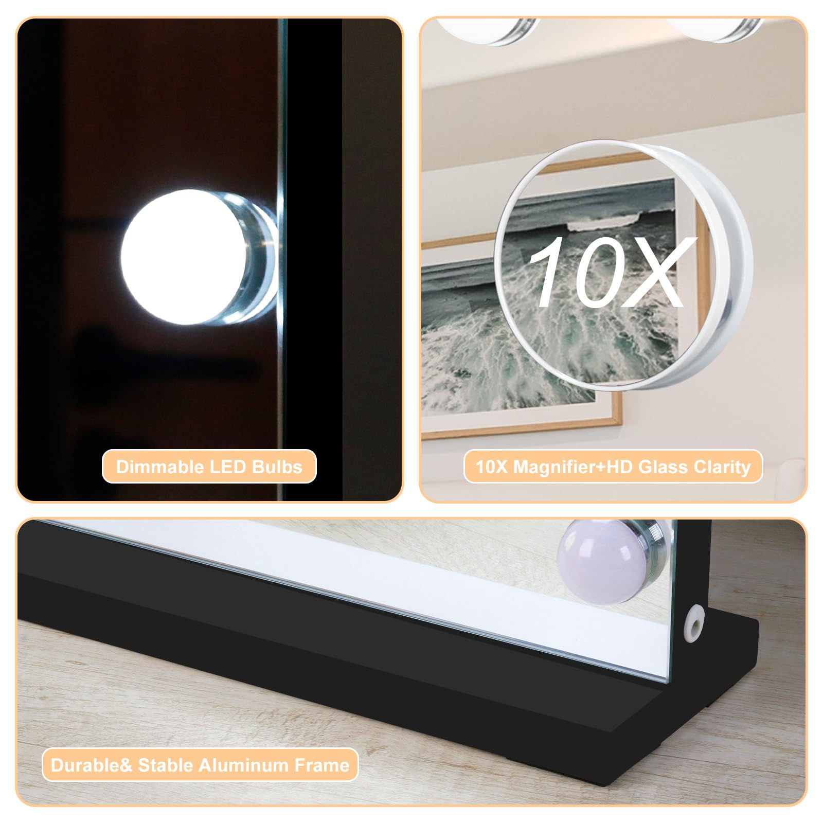 Moonee Black Vanity Mirror with Lights – 18 Dimmable Bulbs, 10X Magnifier, 3 Color Modes | Aluminum Frame (32x24)