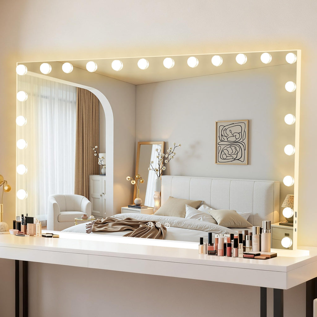 Moonee Vanity Mirror with Lights – 24 Dimmable Bulbs, 10X Magnification, 3 Color Modes, Aluminum Frame, 48" x 30"