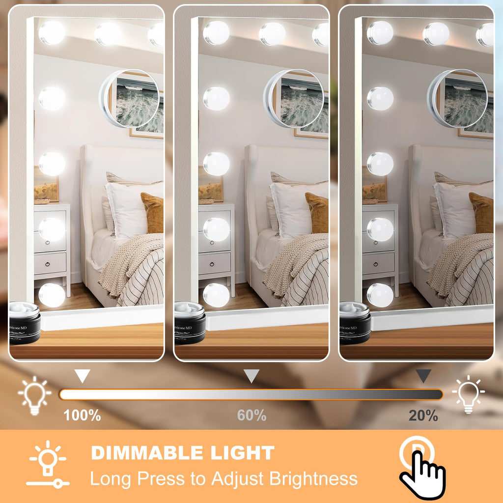 Moonee Vanity Mirror with Lights – 24 Dimmable Bulbs, 10X Magnification, 3 Color Modes, Aluminum Frame, 48" x 30"