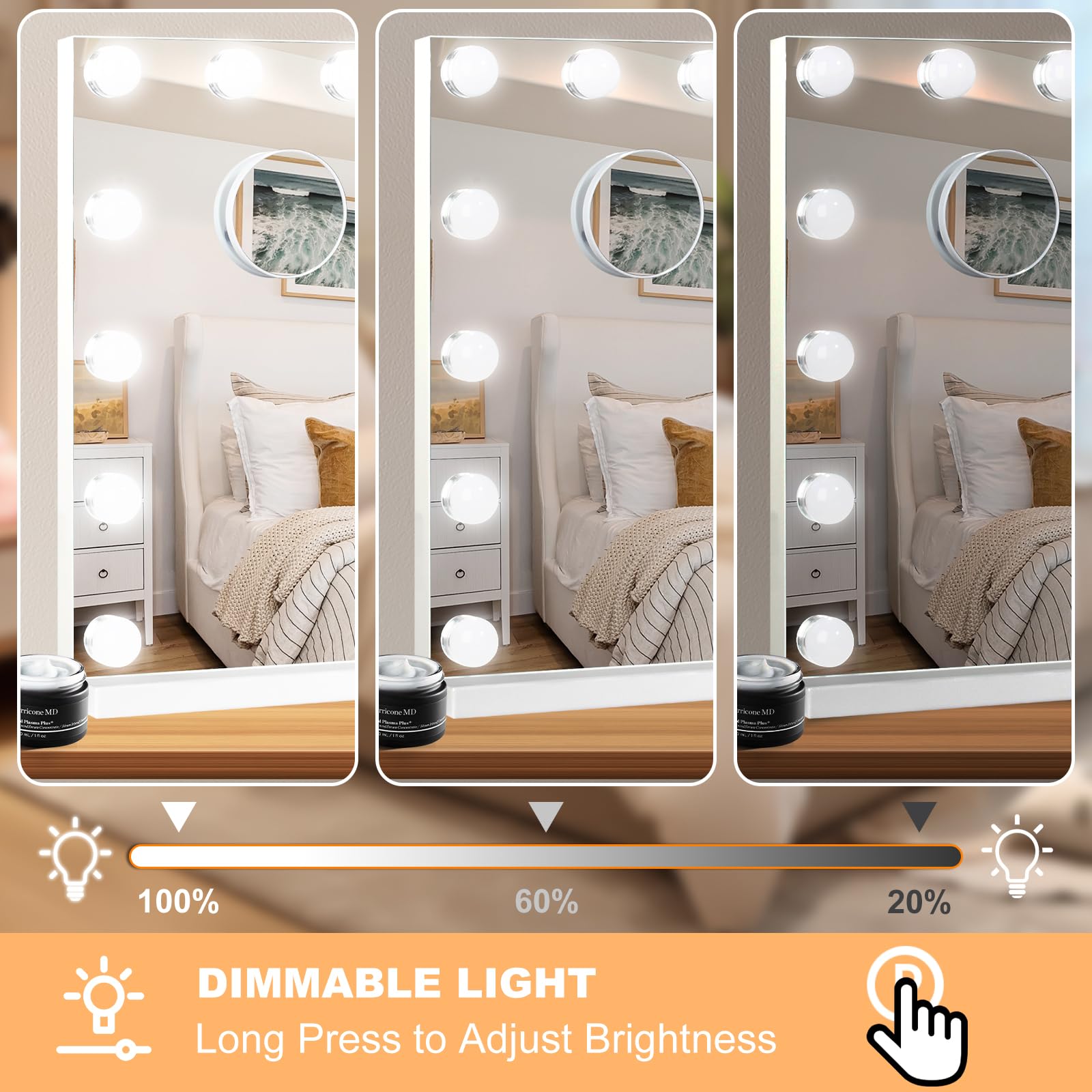 Moonee Vanity Mirror with Lights – 24 Dimmable Bulbs, 10X Magnification, 3 Color Modes, Aluminum Frame, 48" x 30"
