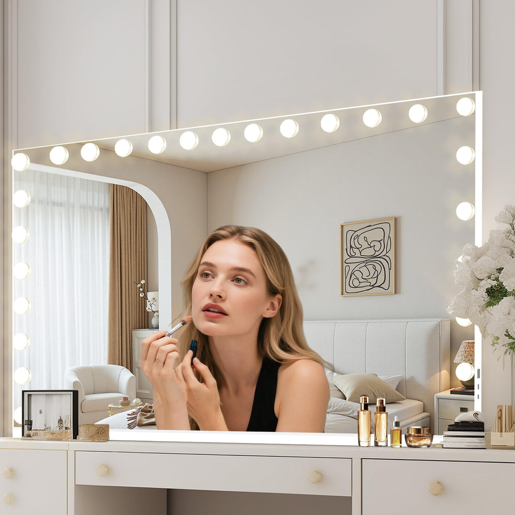 Moonee Vanity Mirror with Lights – 24 Dimmable Bulbs, 10X Magnification, 3 Color Modes, Aluminum Frame, 48" x 30"