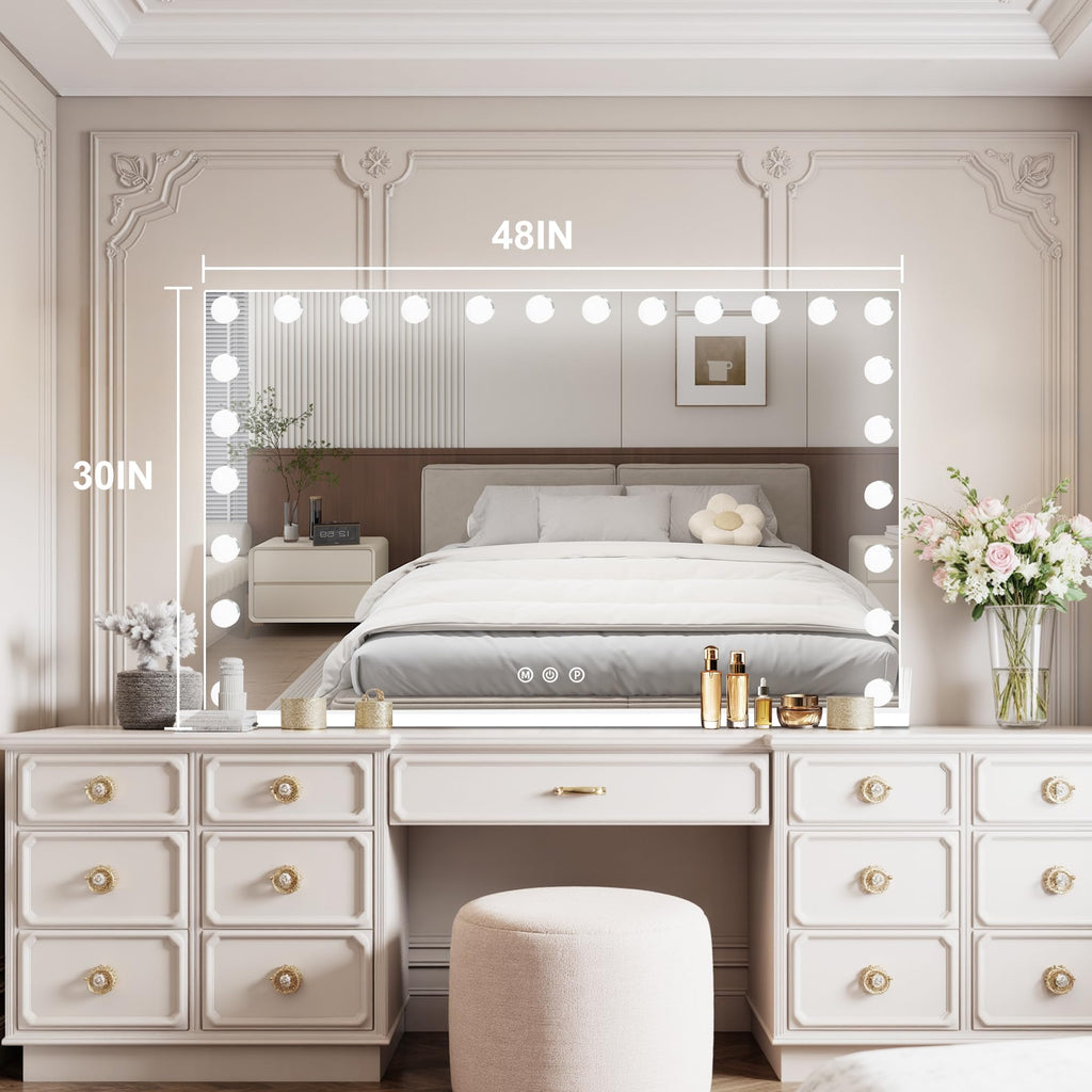 Moonee Vanity Mirror with Lights – 24 Dimmable Bulbs, 10X Magnification, 3 Color Modes, Aluminum Frame, 48" x 30"