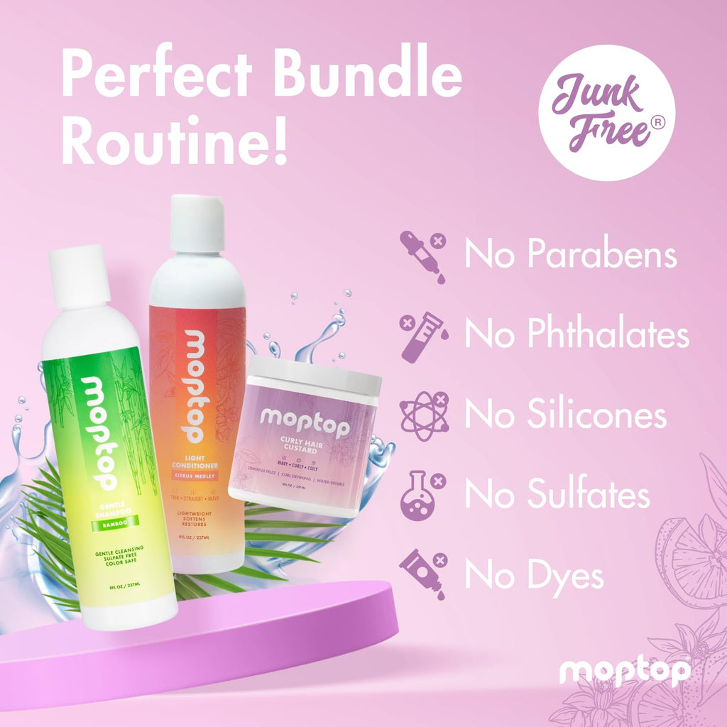MopTop Gentle Shampoo + Light Conditioner + Curly Gel – Color-Safe Moisturizing Hair Care