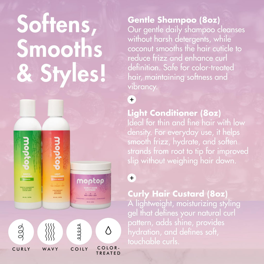 MopTop Gentle Shampoo + Light Conditioner + Curly Gel – Color-Safe Moisturizing Hair Care