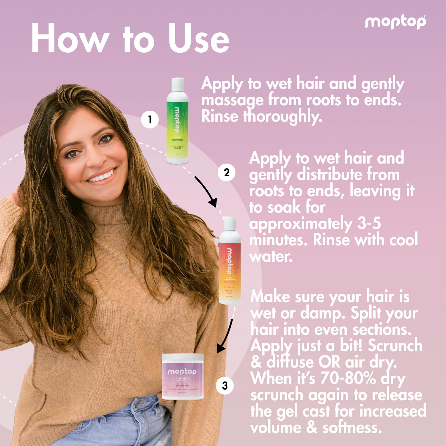 MopTop Gentle Shampoo + Light Conditioner + Curly Gel – Color-Safe Moisturizing Hair Care