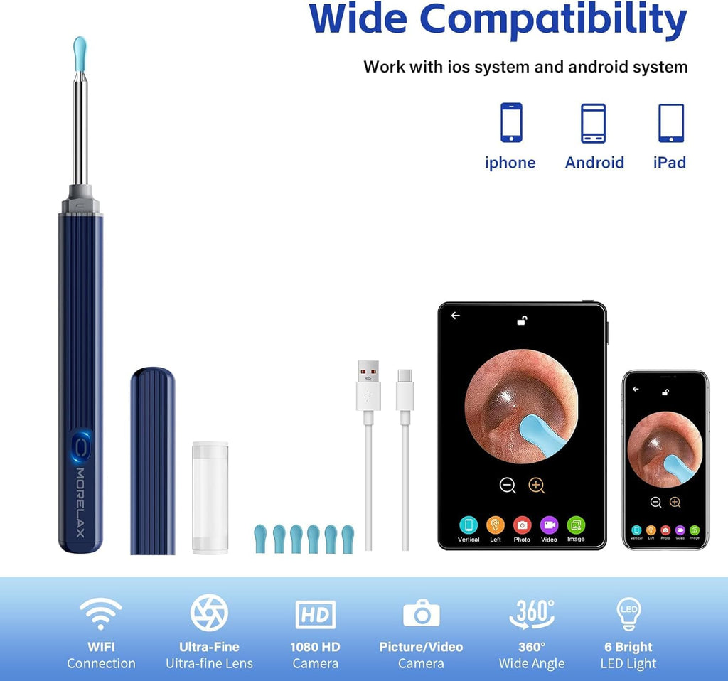Morelax Ear Wax Removal Kit with 1080P Camera – 8-Piece Ear Set & 6 Scoops