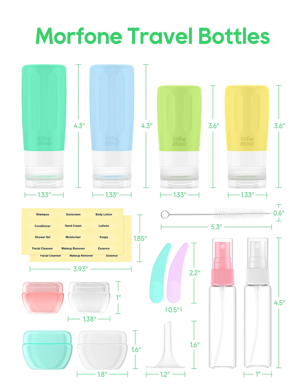 Morfone 16-Pack Travel Bottles Set – TSA Approved, Leak-Proof Silicone Containers (2oz/3oz)