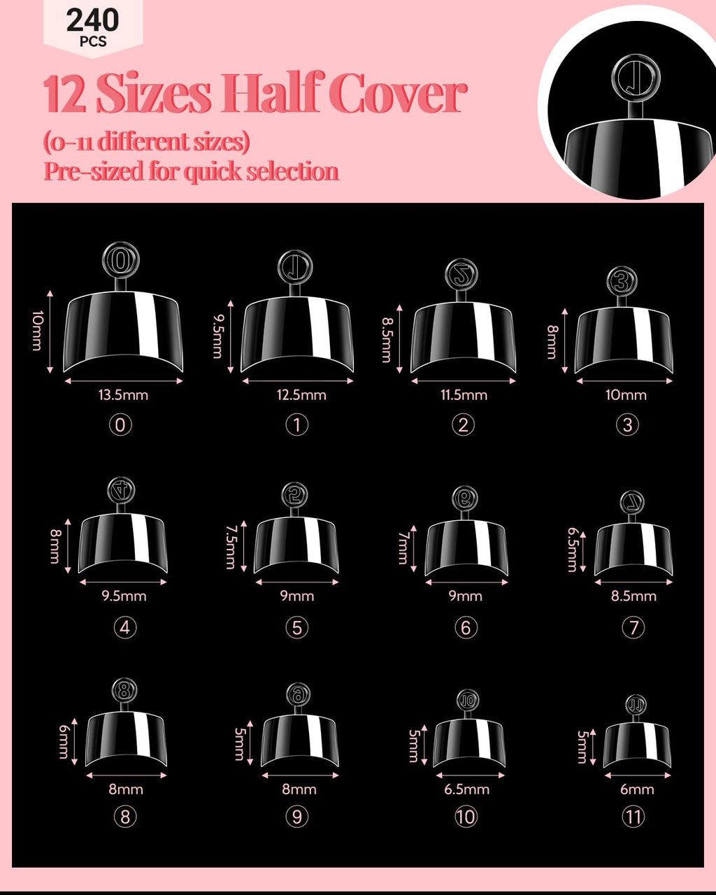 MORGLES Short Square Nail Tips – 240 Pcs Half Cover Press-On Nails Kit (12 Sizes)