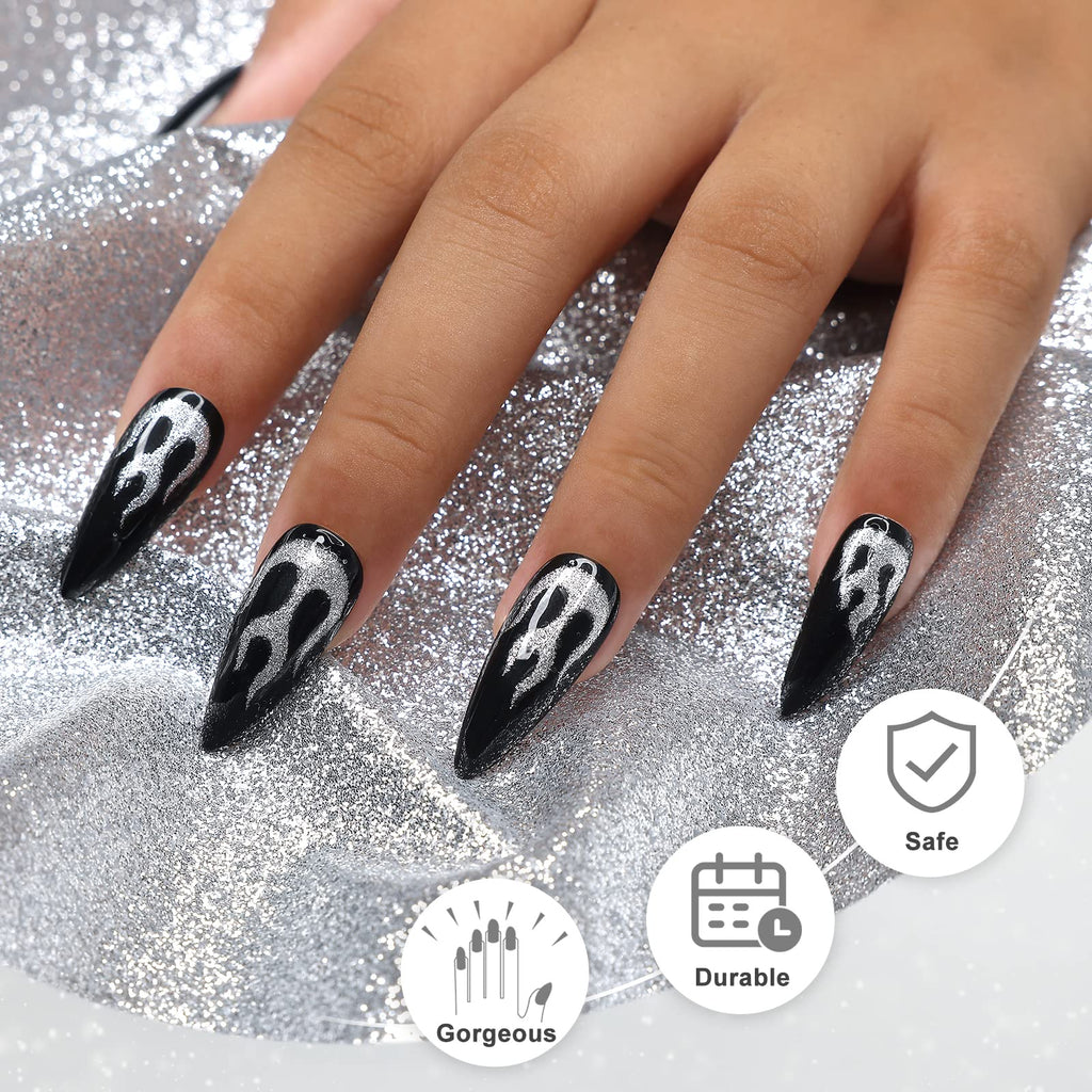 Morily Black Press On Nails – Medium Length Glossy Stiletto with Silver Flame Pattern