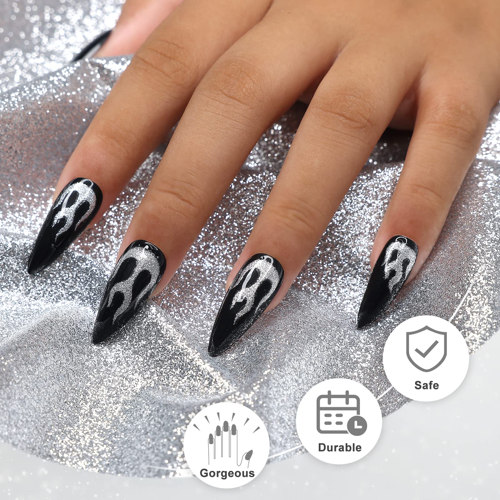 Morily Black Press On Nails – Medium Length Glossy Stiletto with Silver Flame Pattern