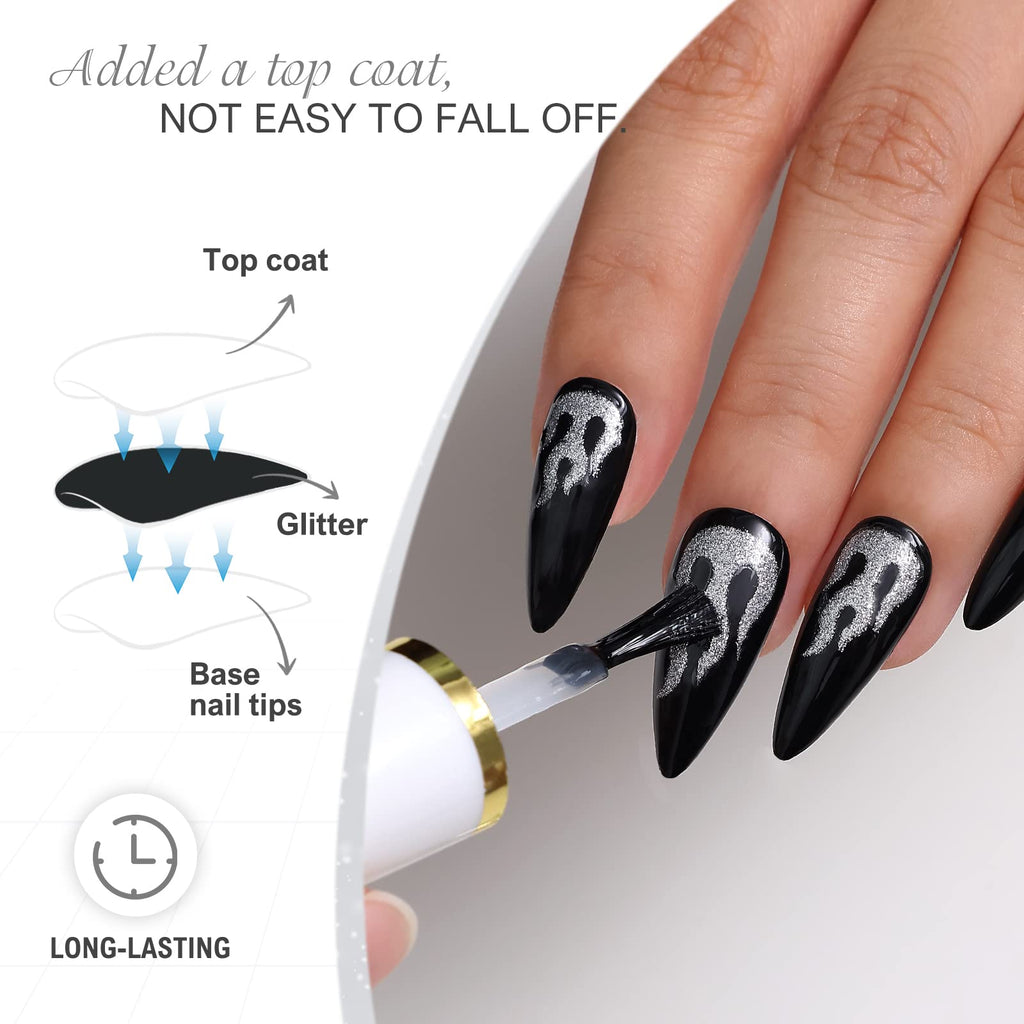 Morily Black Press On Nails – Medium Length Glossy Stiletto with Silver Flame Pattern