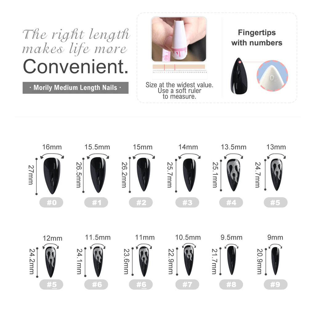 Morily Black Press On Nails – Medium Length Glossy Stiletto with Silver Flame Pattern