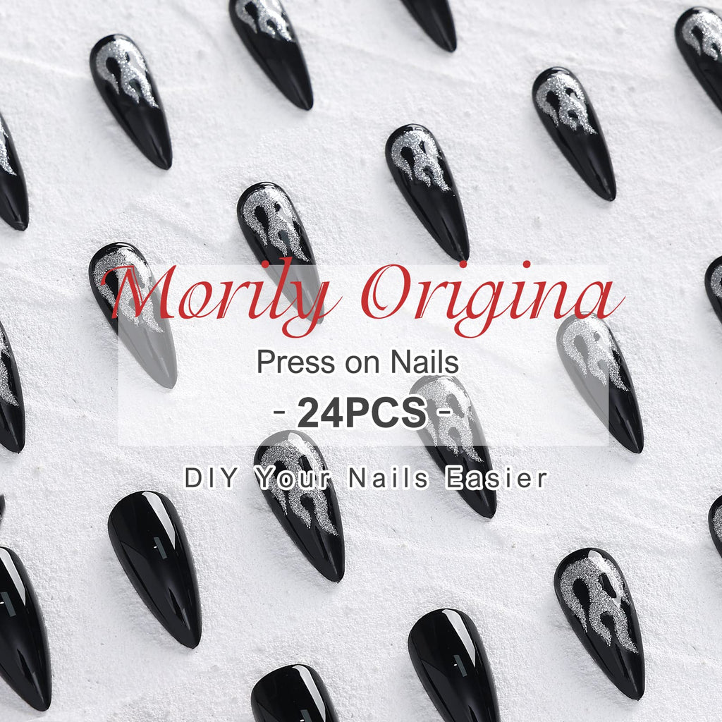 Morily Black Press On Nails – Medium Length Glossy Stiletto with Silver Flame Pattern