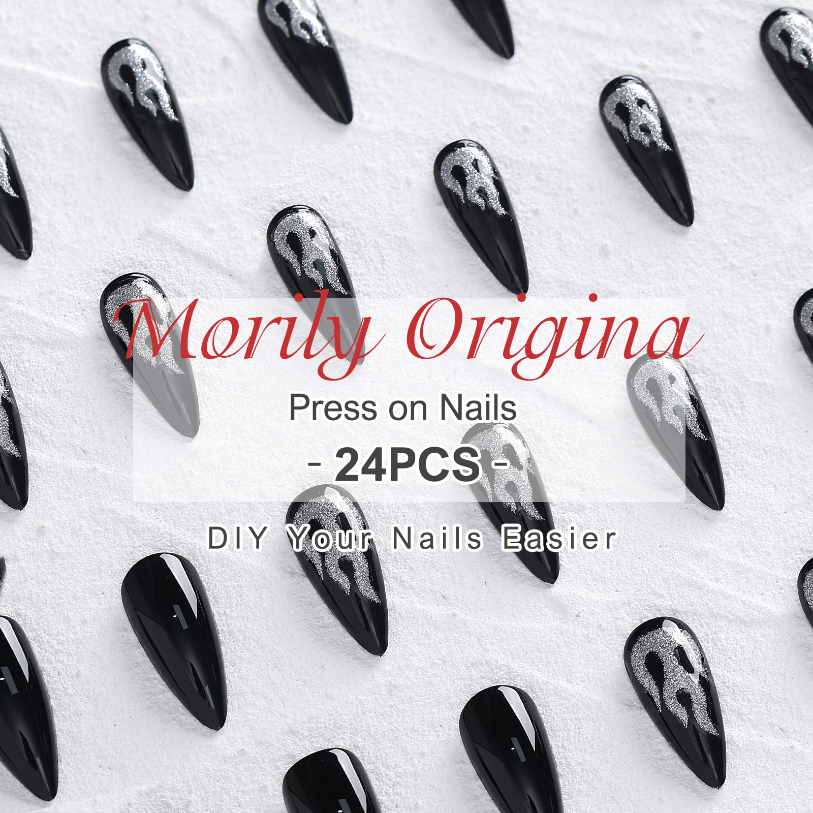 Morily Black Press On Nails – Medium Length Glossy Stiletto with Silver Flame Pattern