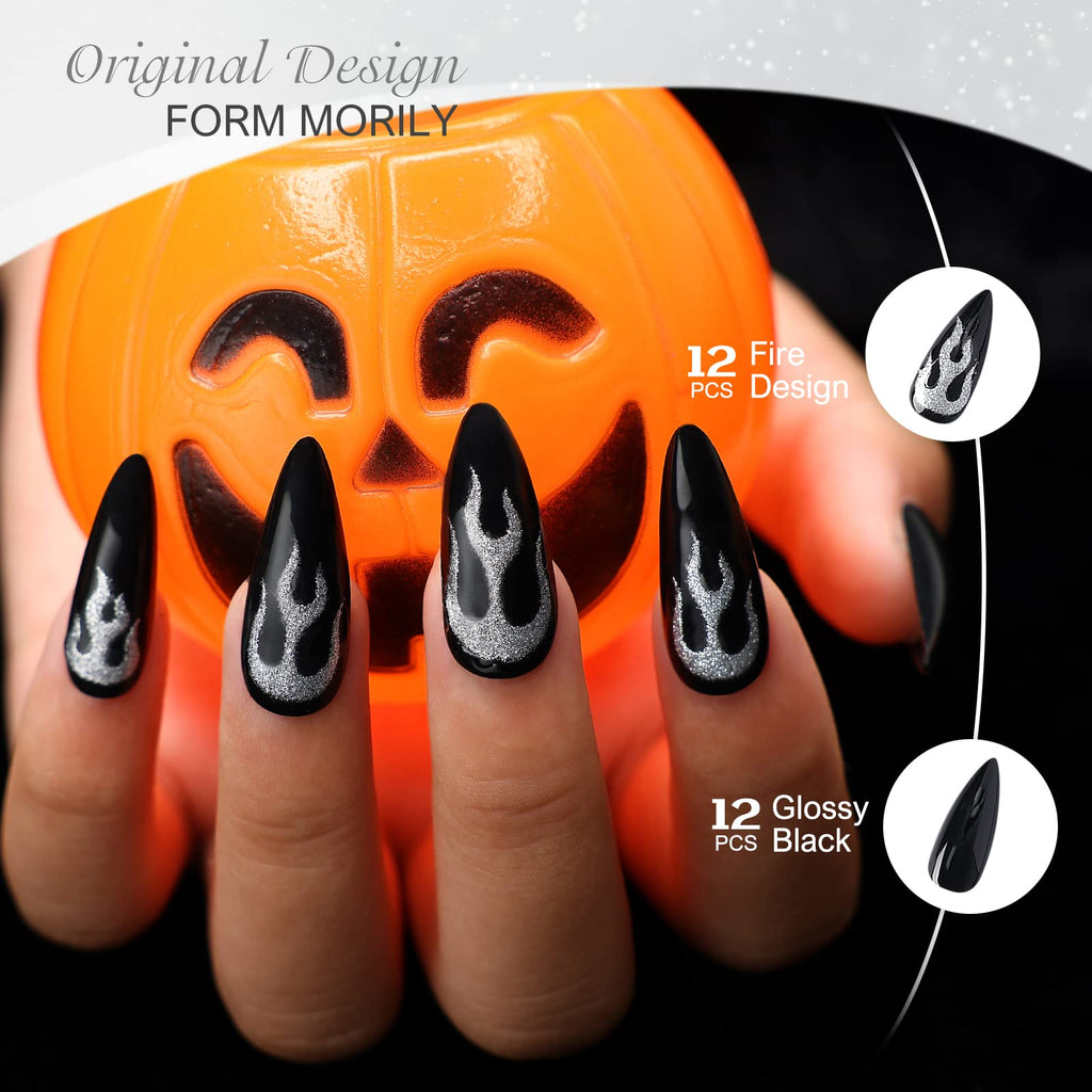 Morily Black Press On Nails – Medium Length Glossy Stiletto with Silver Flame Pattern