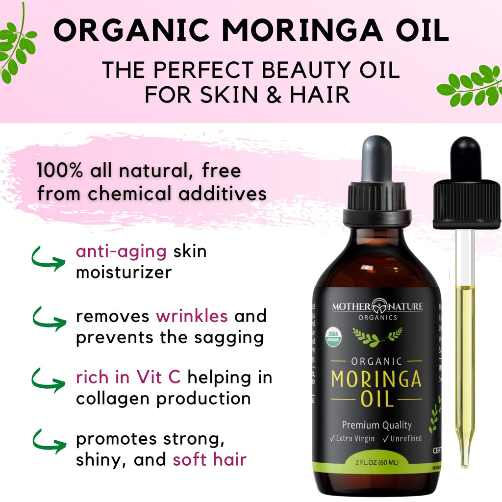 Mother Nature Organics Moringa Oil — USDA Organic, 100% Pure Cold-Pressed (2oz), Non-GMO & Vegan