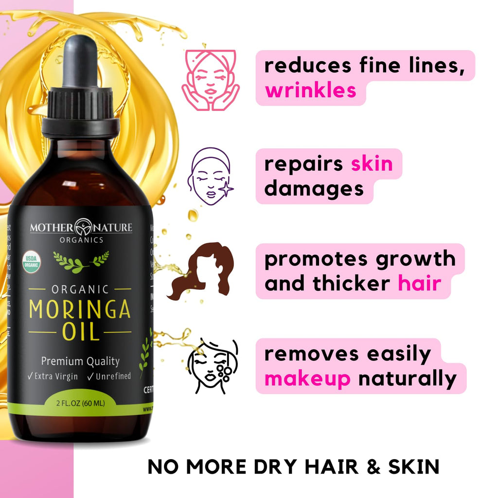 Mother Nature Organics Moringa Oil — USDA Organic, 100% Pure Cold-Pressed (2oz), Non-GMO & Vegan